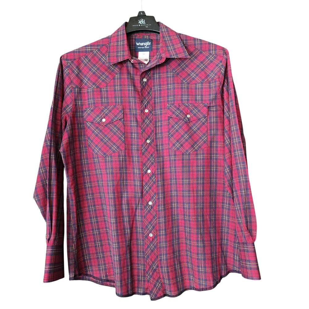 Wrangler Western Shirt Mens Large Red Plaid Pearl Snap Button Up Long Sleeve